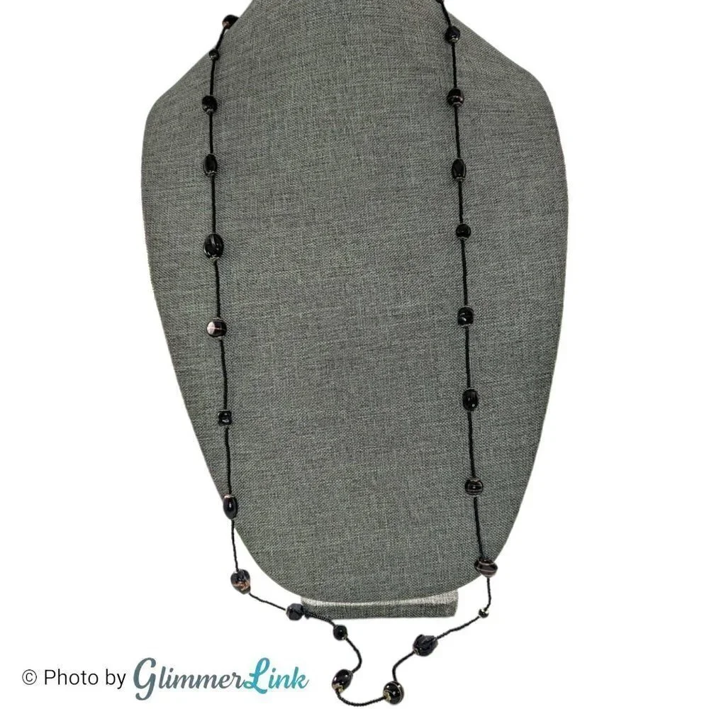 Vintage Long Black Gold Flecked Beaded Bohemian Necklace